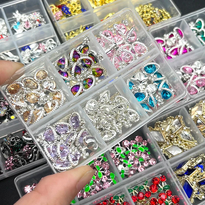 6-Grid Nail Rhinestone Kit – Saturn, Planet & Cross Crystal Nail Charms for Nail Art