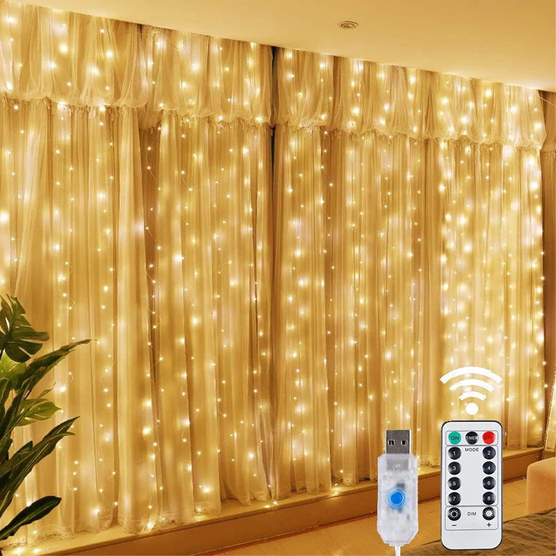 LED Fairy Curtain String Lights with Remote USB — 8 Modes Copper Wire 100–300 LEDs Holiday & Christmas Decor