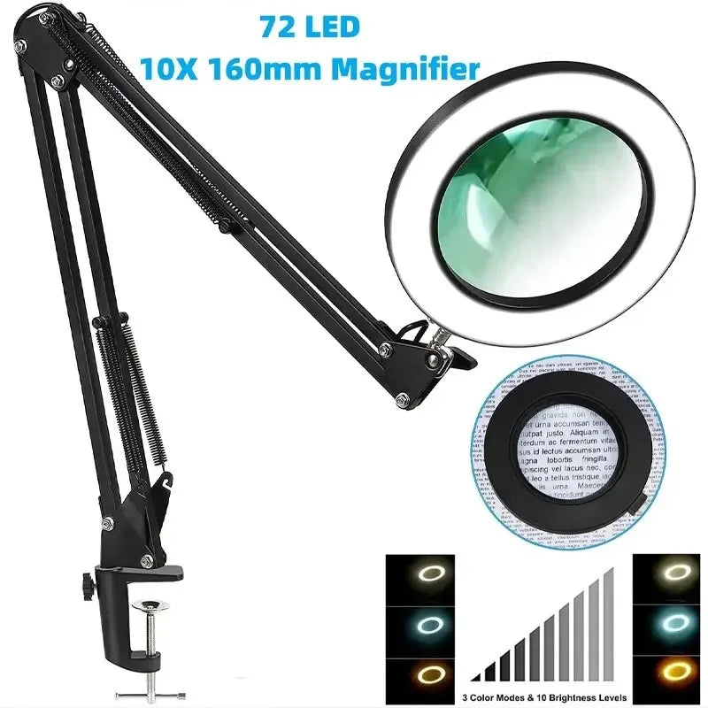 72-LED 4.2-Inch (106 mm) 8X/10X USB Illuminated Magnifying Lamp — 3-Color LED, Adjustable Swing Arm Clamp for Soldering, Repair & Beauty