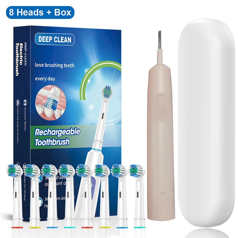 Rechargeable Rotating Electric Toothbrush for Adults – 8 Soft Brush Heads, 5 Modes, 600mAh, IP67 Waterproof