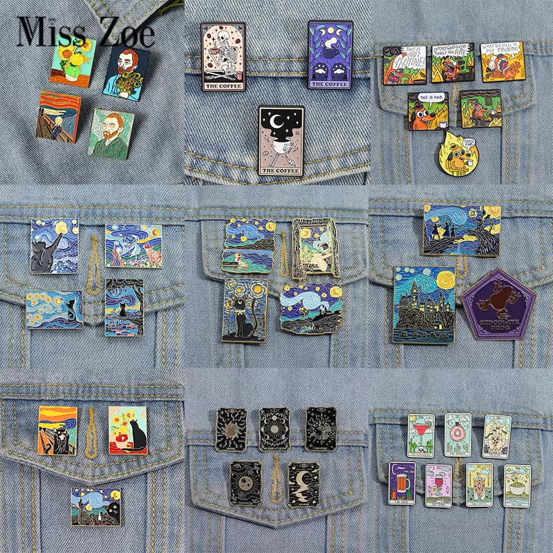 3–5 Piece Enamel Pin Set – Tarot Cards, Night Sky & Black Cat Lapel Pins | Punk Gothic Brooches Gift