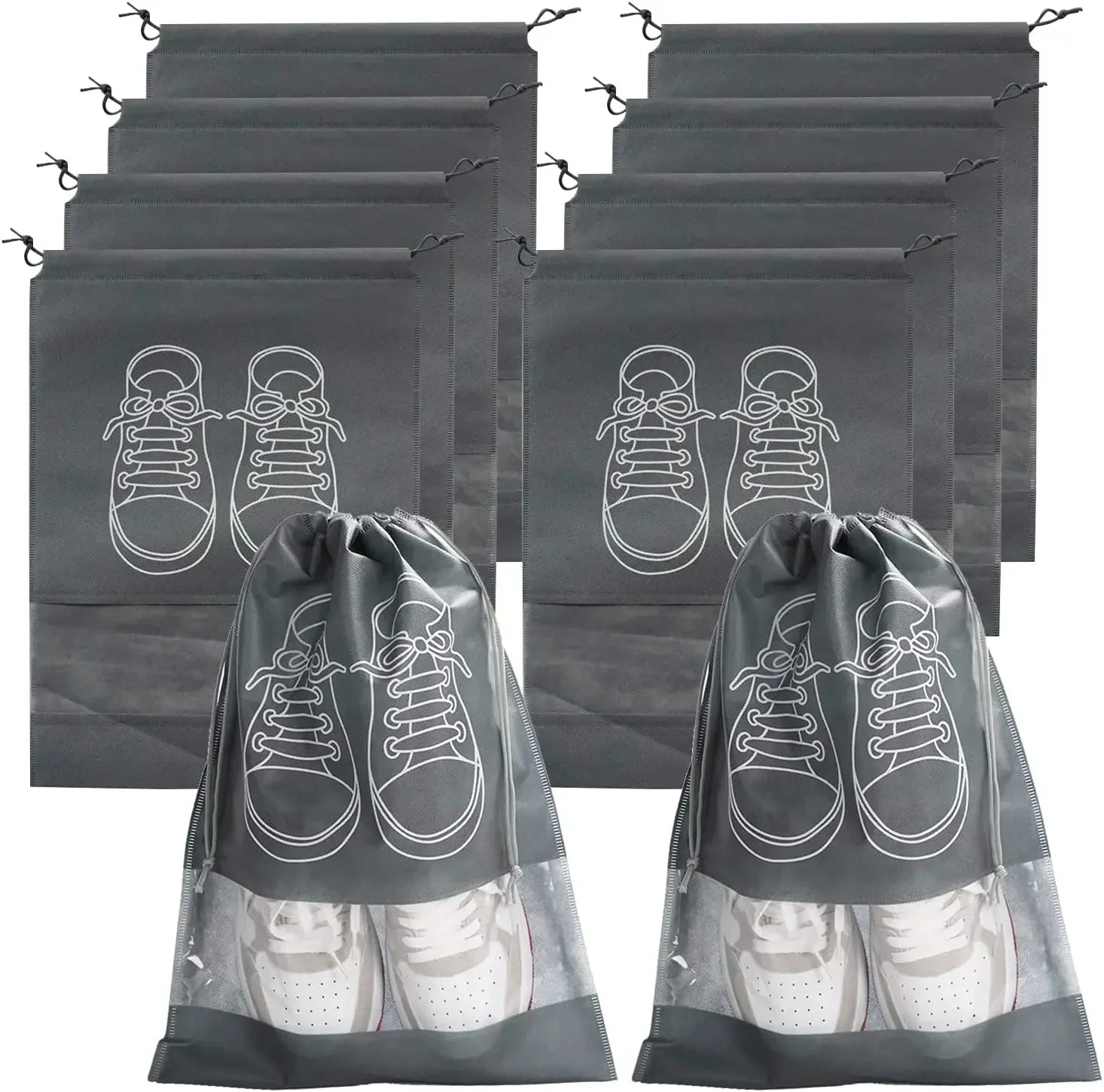5/10-Pack Non-Woven Drawstring Shoe Bags — Dust-Proof Travel Shoe Storage Organizer (36×27 cm / 14.2×10.6 in; 44×32 cm / 17.3×12.6 in)