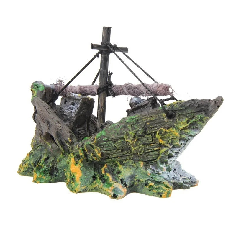 Pirate Ship Wreck Aquarium Decoration Resin Boat Ornament for Fish Tank — 5.1 x 2.0 x 4.3 in (13 x 5 x 11 cm)