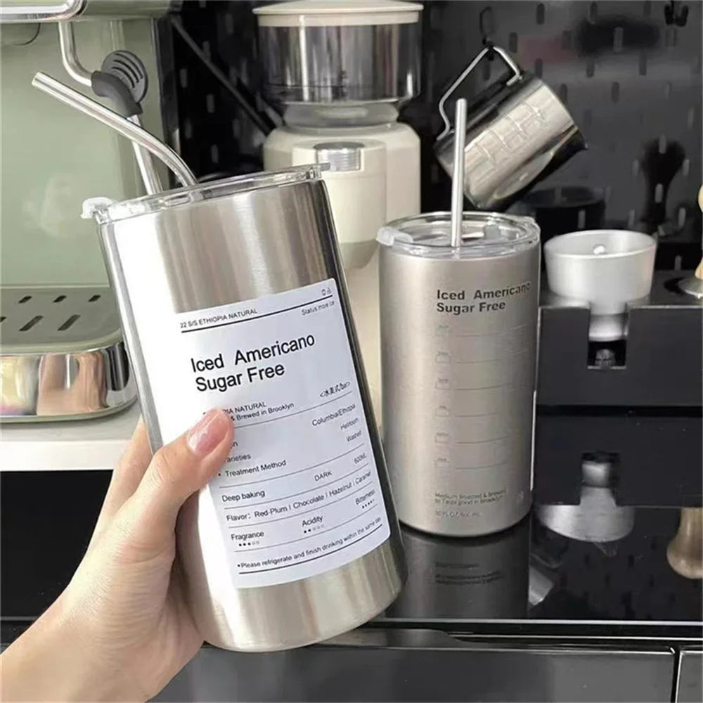 Portable 600ml (20 oz) 304 Stainless Steel Vacuum Thermos with Straw - Insulated Leak-Proof Travel Coffee Mug