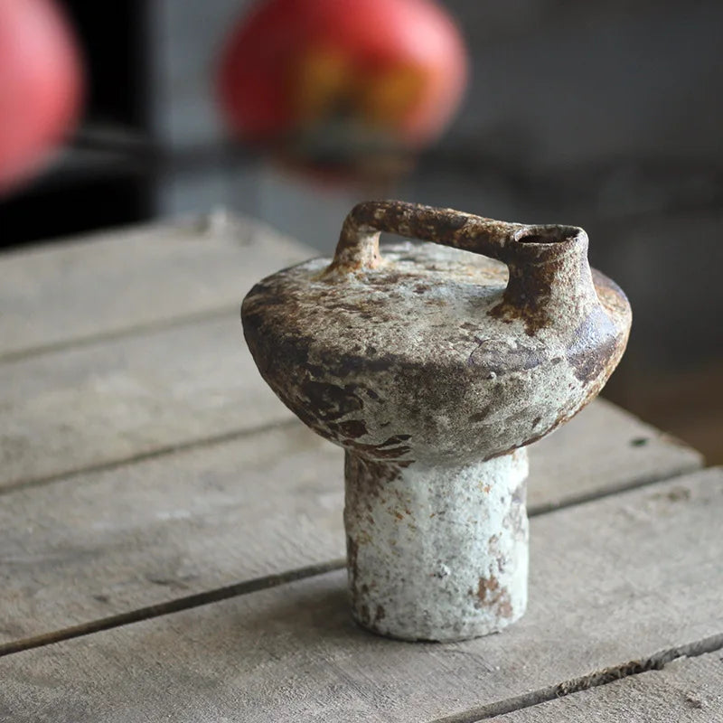 Handmade Ceramic Tabletop Vase - Rough Pottery Wabi-Sabi Vintage Farmhouse Vase for Dried Flowers & Flower Arrangements