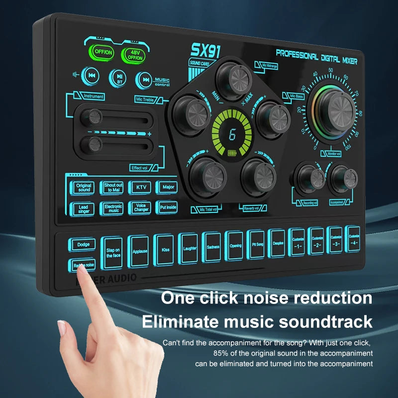 48V Audio Mixer with Voice Changer - Podcast Mixer & USB Sound Card for Phone, Gaming, Karaoke, Live Streaming