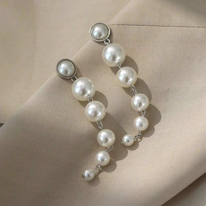 Simulated Pearl Bean Drop Earrings – Long Dangle Gold & Silver Earrings for Women