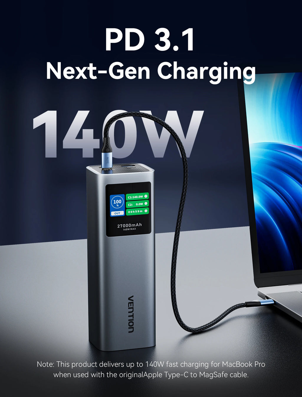 140W 27000mAh Portable PD Power Bank, 100W Fast Charge External Battery for Laptops, Tablets & Smartphones