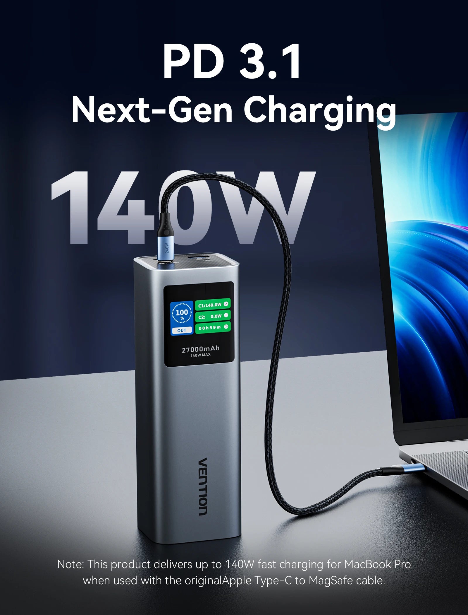 140W 27000mAh Portable PD Power Bank, 100W Fast Charge External Battery for Laptops, Tablets & Smartphones