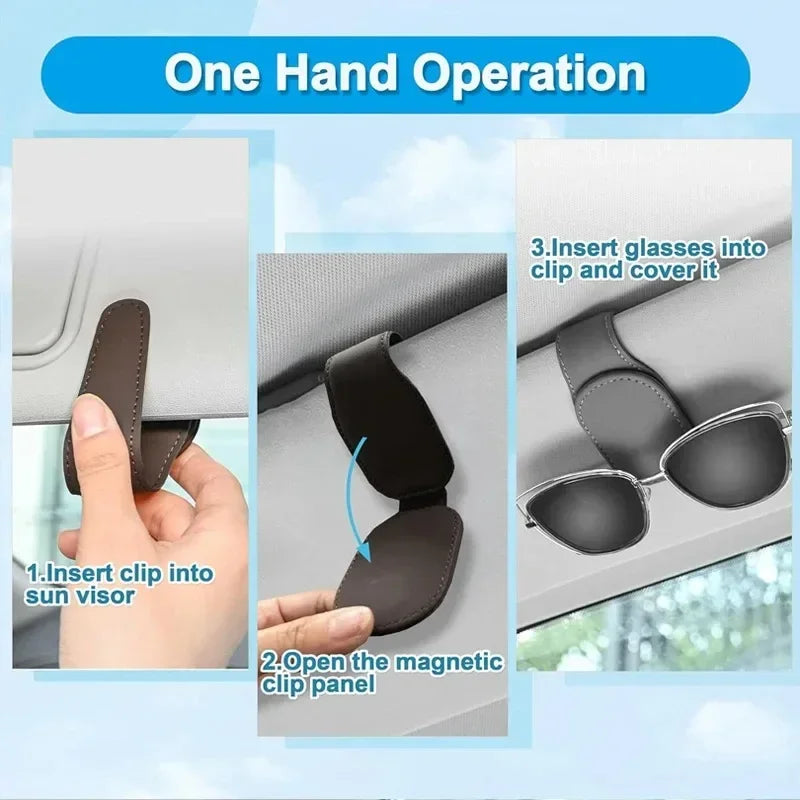 Universal Magnetic Car Sun Visor Sunglasses Holder – PU Leather Eyeglass Clip