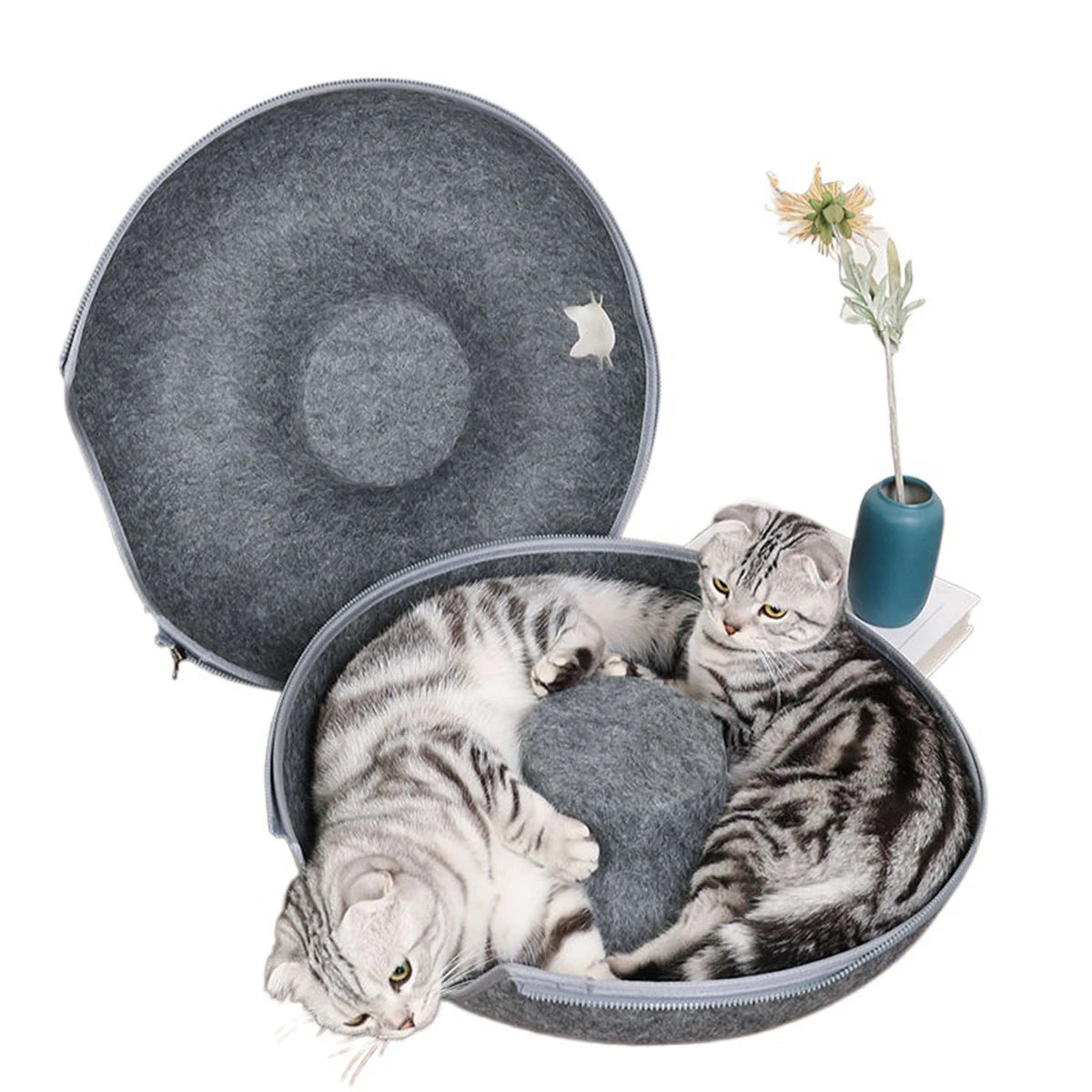 Donut Tunnel Cat Bed – Interactive Felt Cat House, Washable Zipper Design, All-Season Cozy Kitty Bed (M: 50 x 50 x 20 cm / 19.7 x 19.7 x 7.9 in; L: 60 x 60 x 28 cm / 23.6 x 23.6 x 11.0 in)