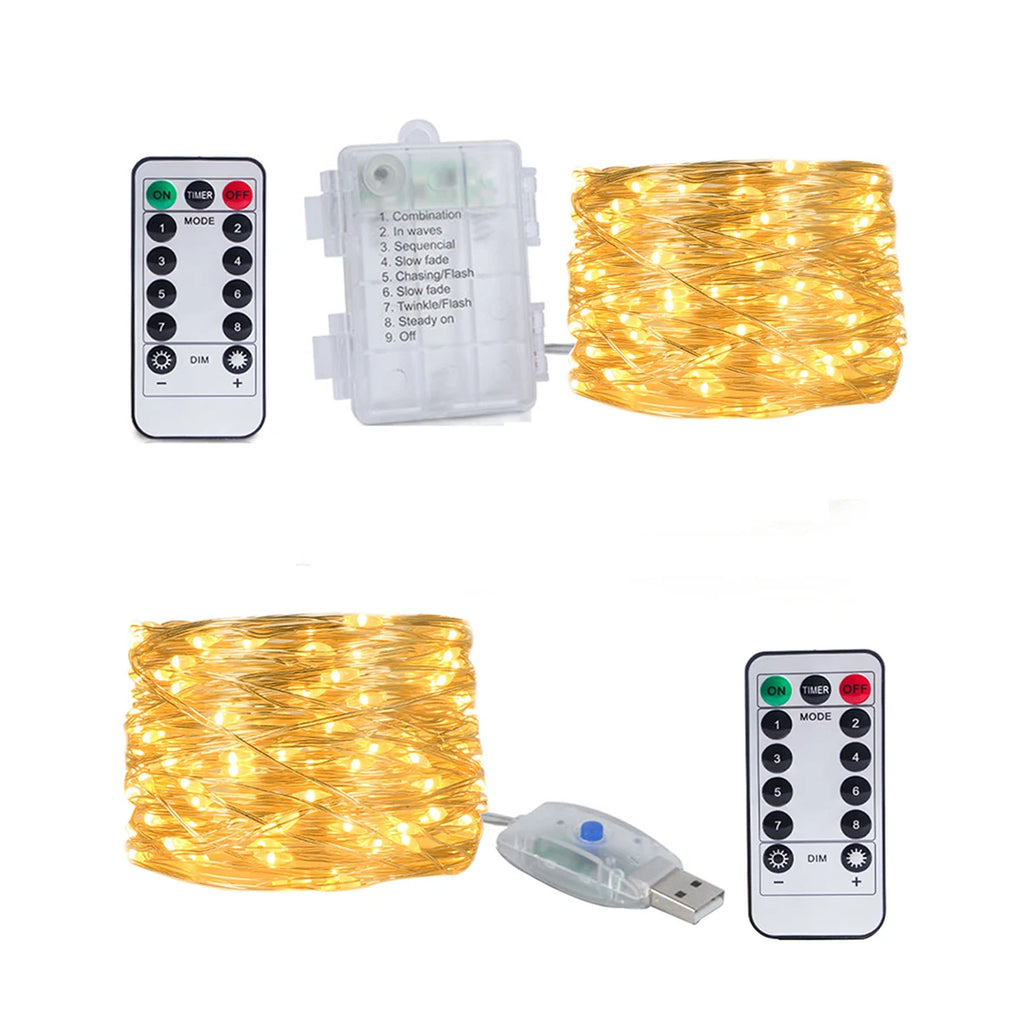 Copper Wire LED Fairy String Lights USB & Battery Operated with Remote — 5m / 10m / 20m (16.4ft / 32.8ft / 65.6ft) Dimmable Warm White & Multicolor