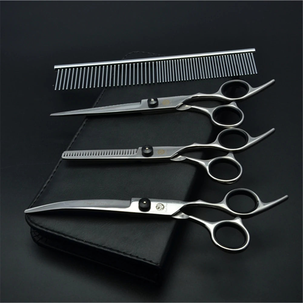 Dog Grooming Scissors Set 6" (15 cm) & 7" (17.5 cm) Stainless Steel Pet Shears — Thinning, Curved & Cutting