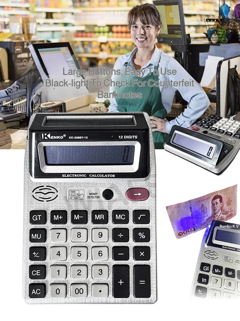 Double-Sided 12-Digit LCD Calculator with Anti-Slip Base & Money Detector Light for Office Accounting