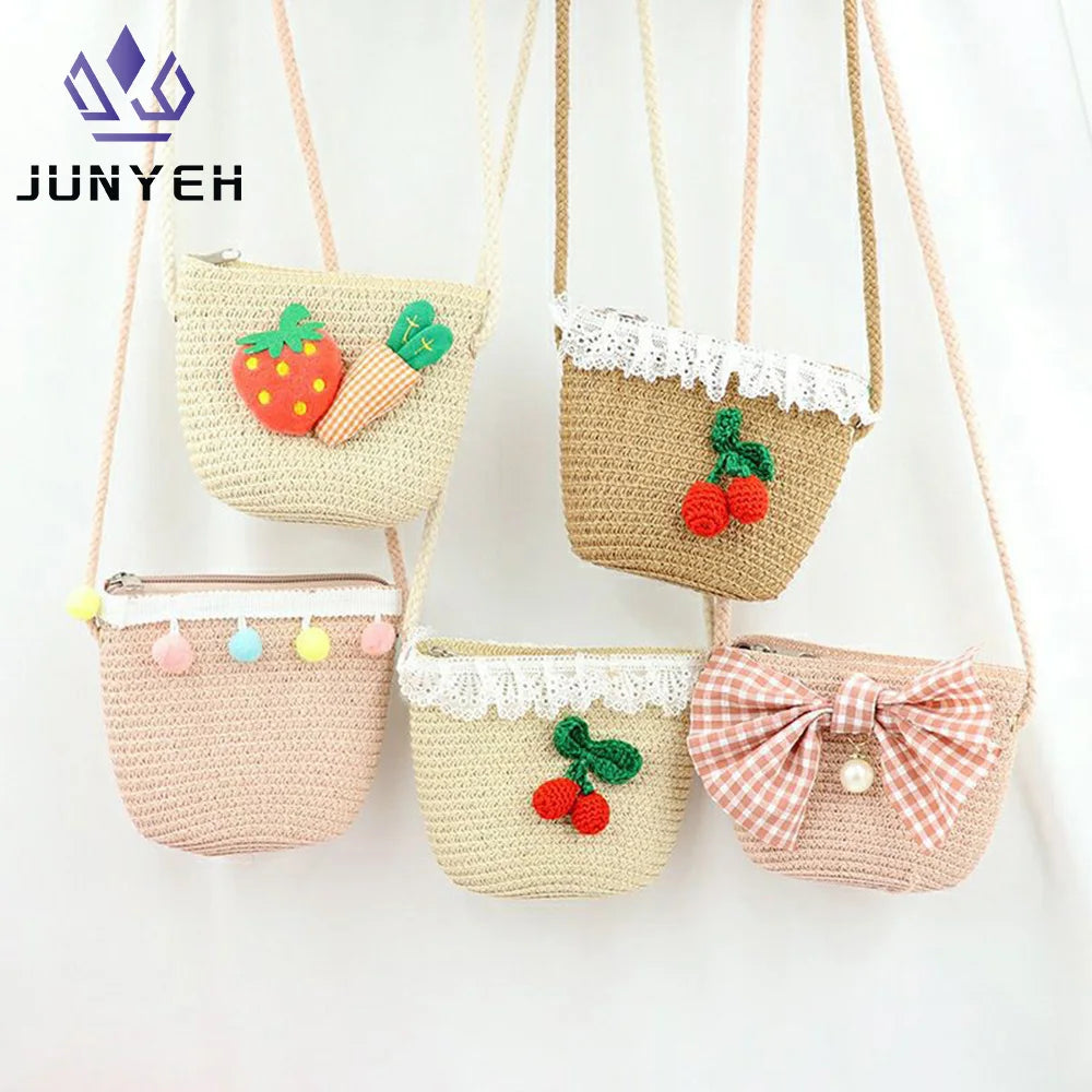 Kids Mini Woven Natural Straw Crossbody Bag for Girls Cute Shoulder Purse