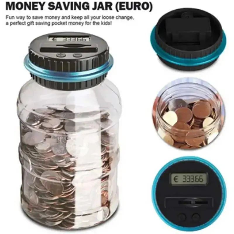 1.8L (61 fl oz) Transparent Coin Bank with Smart Coin Counter – Large Capacity Money Jar for USD EUR GBP