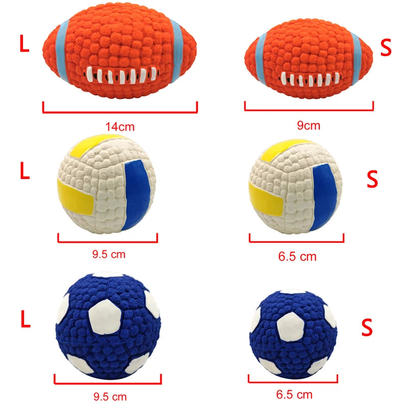 Dog Squeaky Latex Ball Chew Toy – Dental Cleaning Training & Interactive Play (Rugby, Tennis, Volleyball, Football, Basketball Shapes)