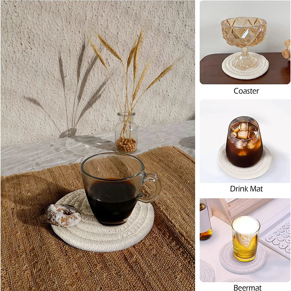 Woven Cotton-Linen Drink Coaster - Heat Resistant, Absorbent Cup Mat for Tabletop Protection