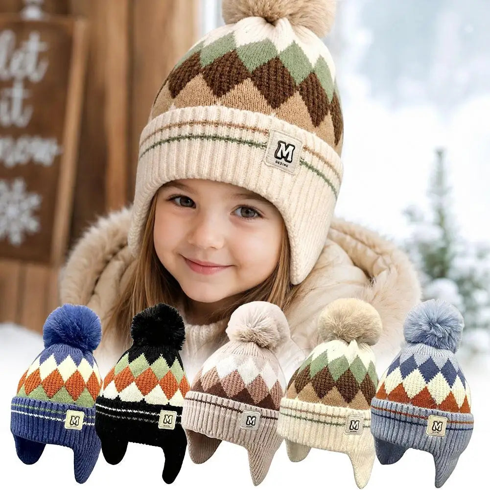 Kids Knitted Winter Beanie with Pom Pom & Earflaps - Fleece-Lined Windproof Toddler Hat 48-54 cm (18.9-21.3 in) - Children's Gift