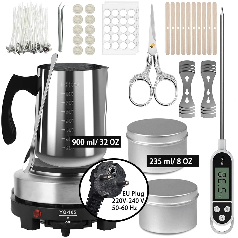 DIY Candle Making Kit with 500W Electric Hot Plate, 900ml/600ml Stainless Steel Melting Pot, Thermometer & Candle Tins