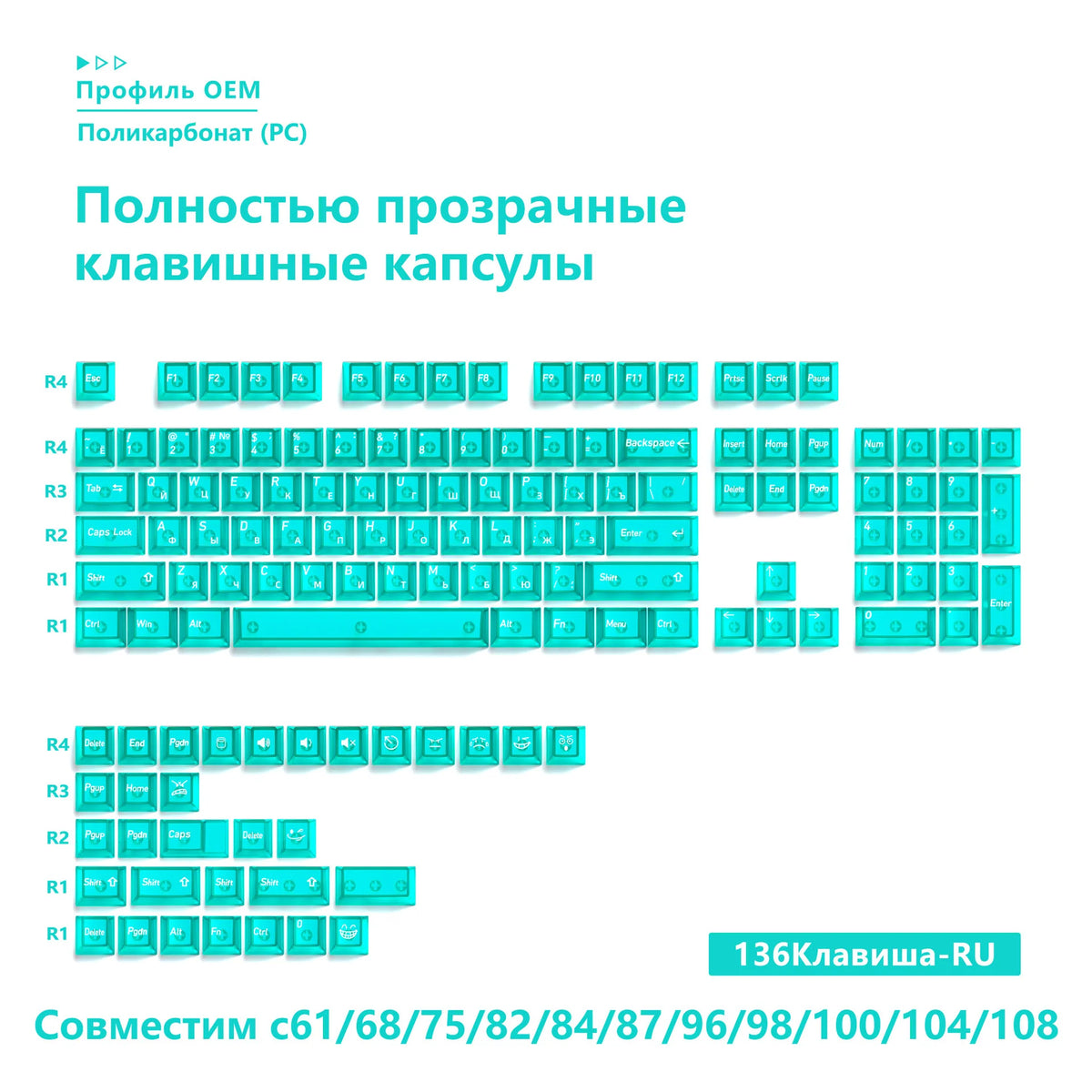 136-Key Transparent Multilingual Keycap Set for Mechanical Keyboards — EN/JP/RU/KR PC Compatible
