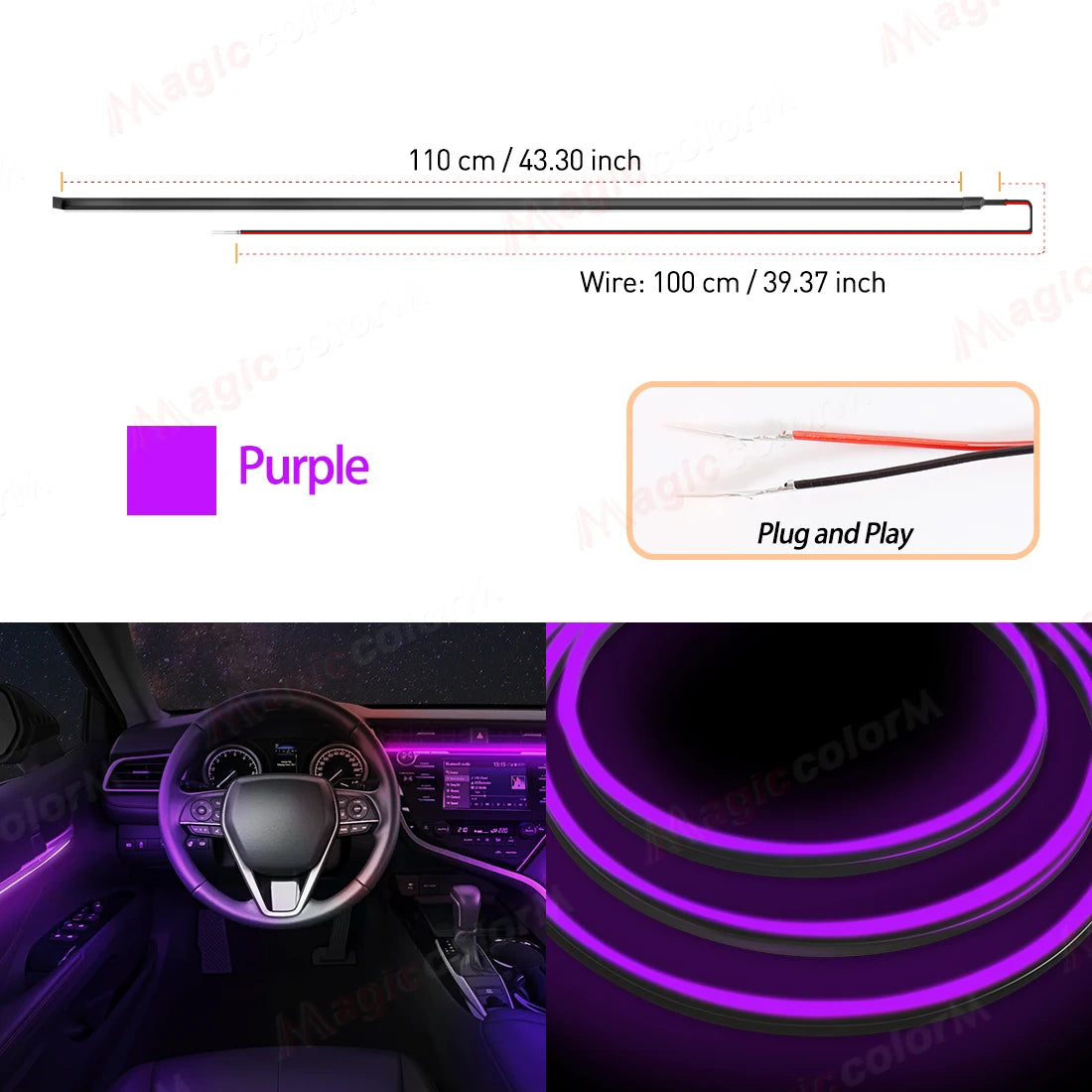 Car Interior Ambient LED Strip 110cm (43.3in), Universal DIY Flexible Cuttable Acrylic Lighting