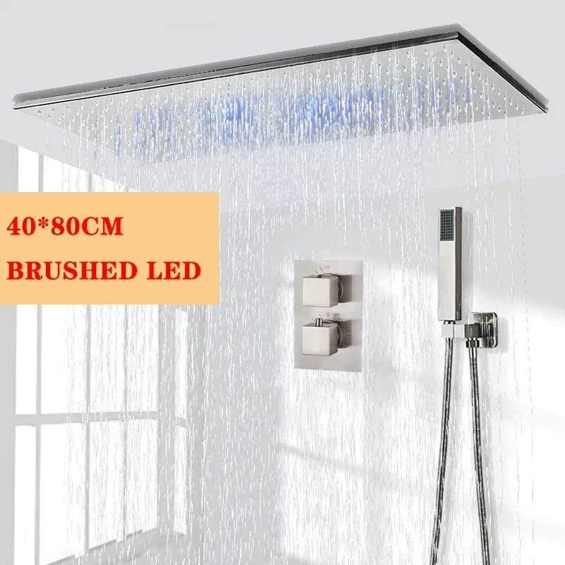 Big Black Thermostatic Ceiling-Mounted Rainfall Shower System with Hand Shower – Thermostatic Mixer Tap, 150 cm (59 in) Hose, 400+ mm (15.7+ in) Rain Head