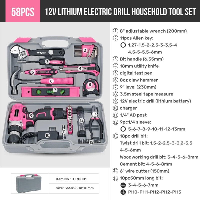 Pink Cordless Electric Screwdriver & Home Repair Tool Kit - Complete Set with Drill Bits, Hammer & Carry Case