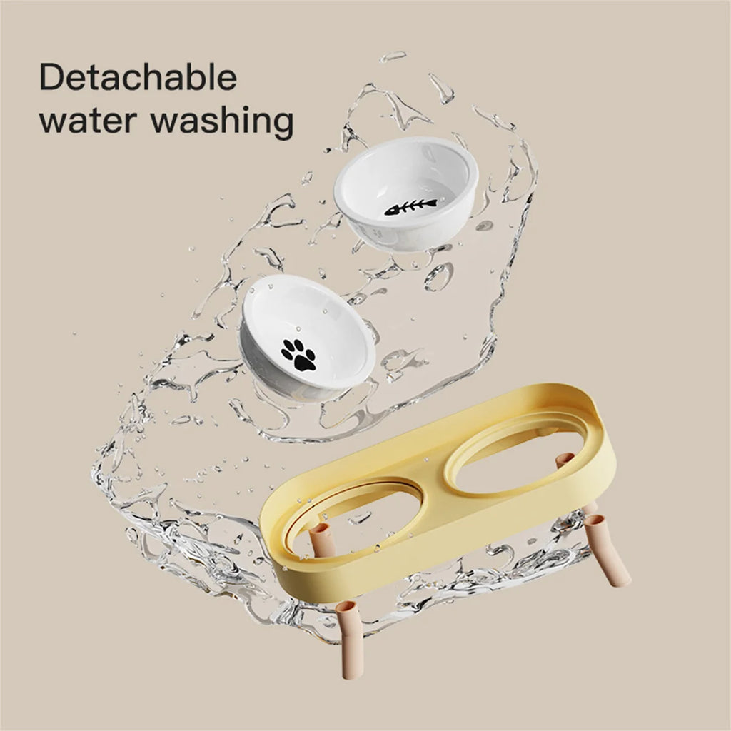 Adjustable Elevated Ceramic Double Pet Bowl for Cats and Small Dogs with Water Dispenser