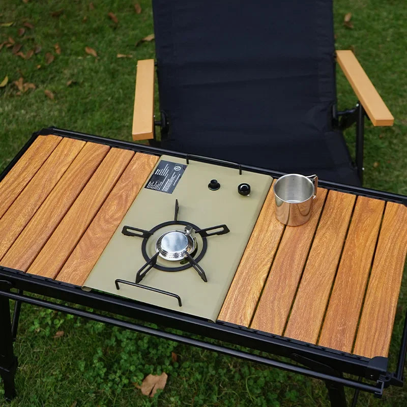Folding IGT Camping Table – Portable Aluminum Frame with Wood-Grain Top, Adjustable Height 38–55 cm (15–22 in), 95×45 cm Surface (37×18 in) – Compact Foldable Picnic & BBQ Table