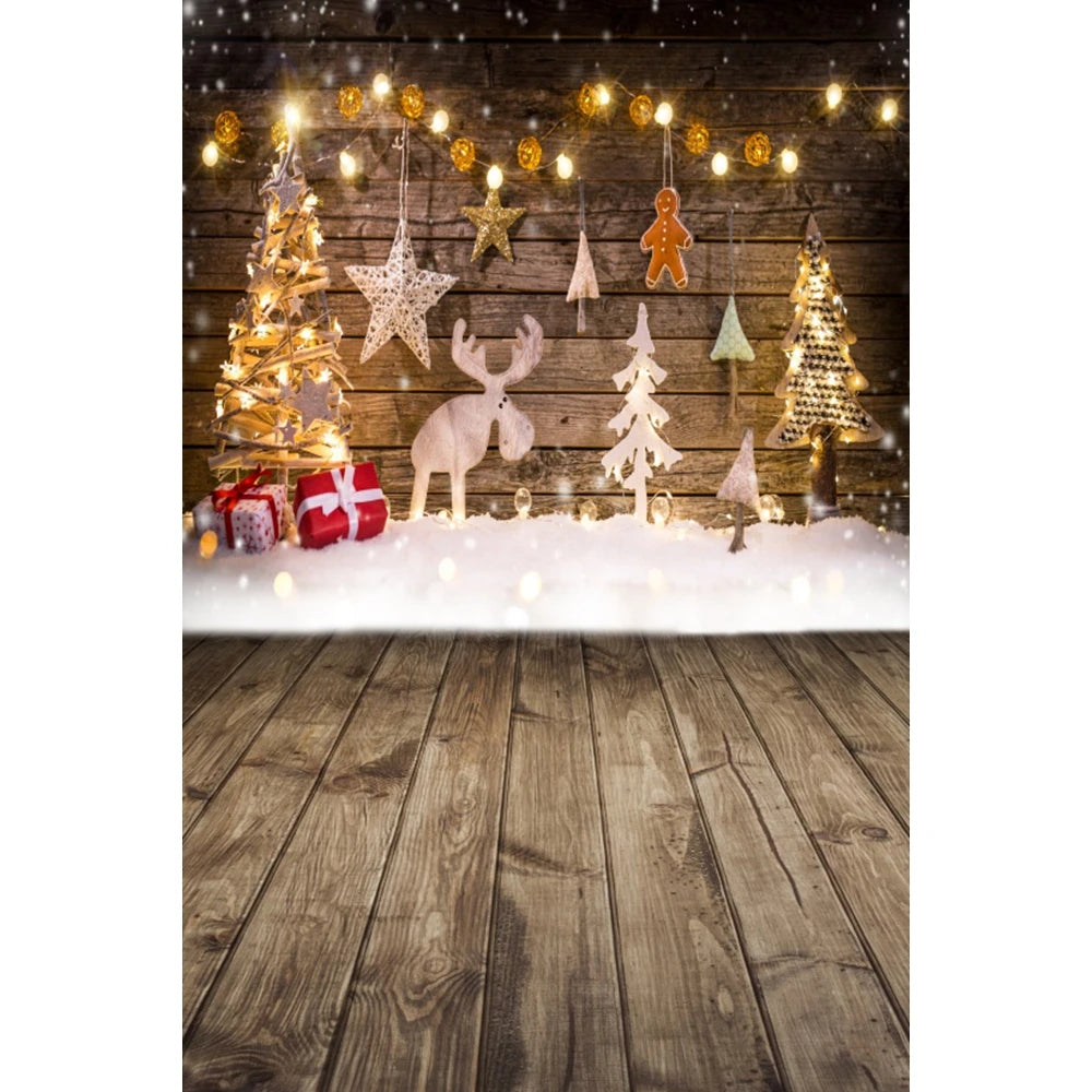 Christmas Photography Backdrop - Santa, Tree & Fireplace Winter Snow Wood Floor Portrait Background