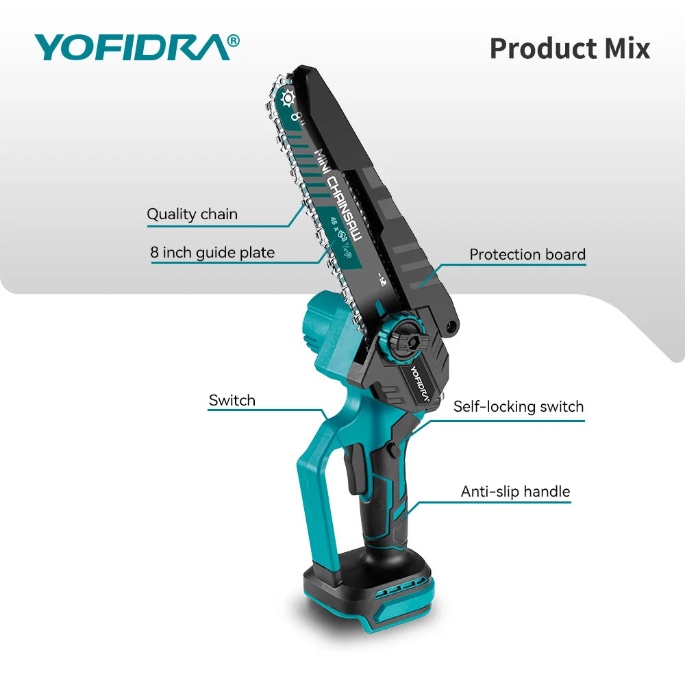 8-Inch (203 mm) Brushless Cordless Electric Chainsaw – 18–21V Lithium Battery Pruning & Woodworking Saw