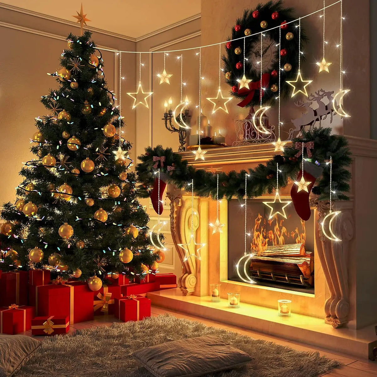 3.5m (11.5 ft) Star & Moon Curtain String Lights Battery-Powered LED Garland for Christmas Ramadan Bedroom New Year Decor