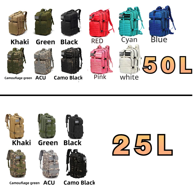 25L & 50L Waterproof Nylon Tactical Backpack - Hiking Camping Trekking Fishing Rucksack with MOLLE