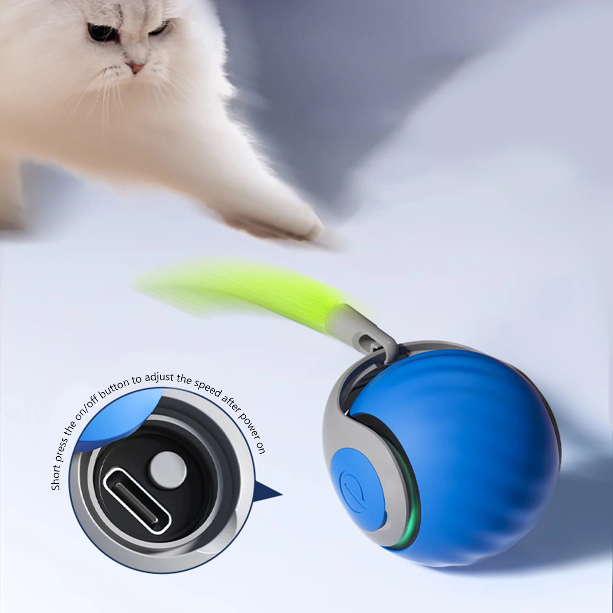 Interactive USB-C Rechargeable Rolling Cat Toy Ball 2.0 in (50 mm) with Replaceable Tail & Feather for Indoor Cats & Small Dogs