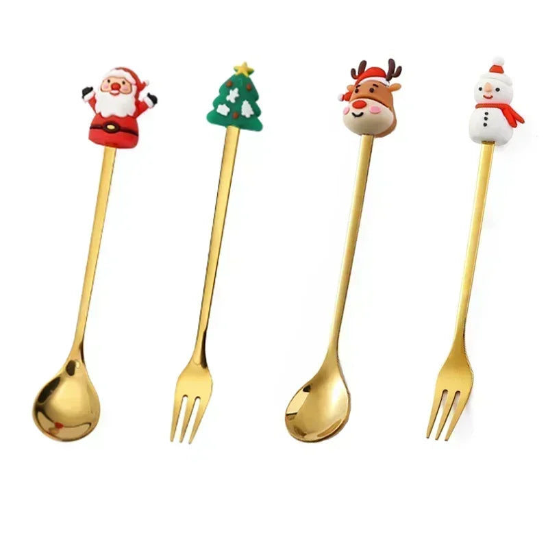 4-Piece Stainless Steel Christmas Cutlery Set – Spoon & Fork Holiday Table Decor with Elk & Tree Ornaments