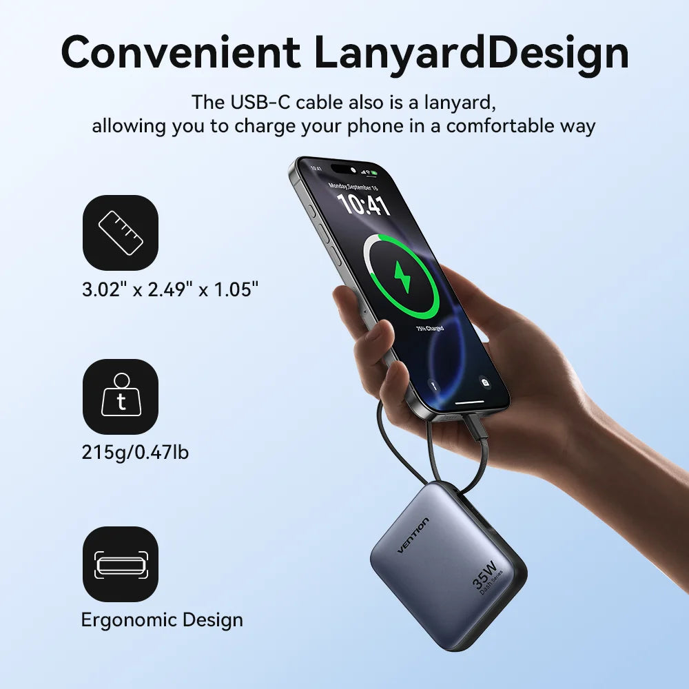 35W 10000mAh Mini Power Bank PD Fast Charge with Built-in USB-C Cable, LED Display, Dual-Port Portable Charger