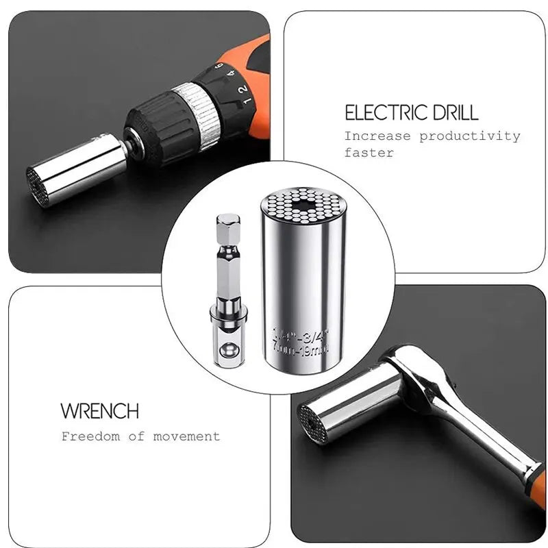 Multifunctional Magic Socket Wrench 7–19mm (0.28–0.75 in) with Extension Rod & Electric Drill Adapter