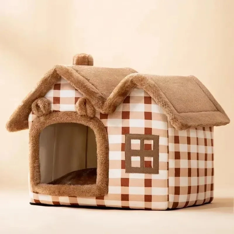 Foldable Plush Pet House Bed — Cozy Winter Dog & Cat Nest, Puppy Cave Sofa for Small & Medium Pets (S/M/L, Removable Cover)