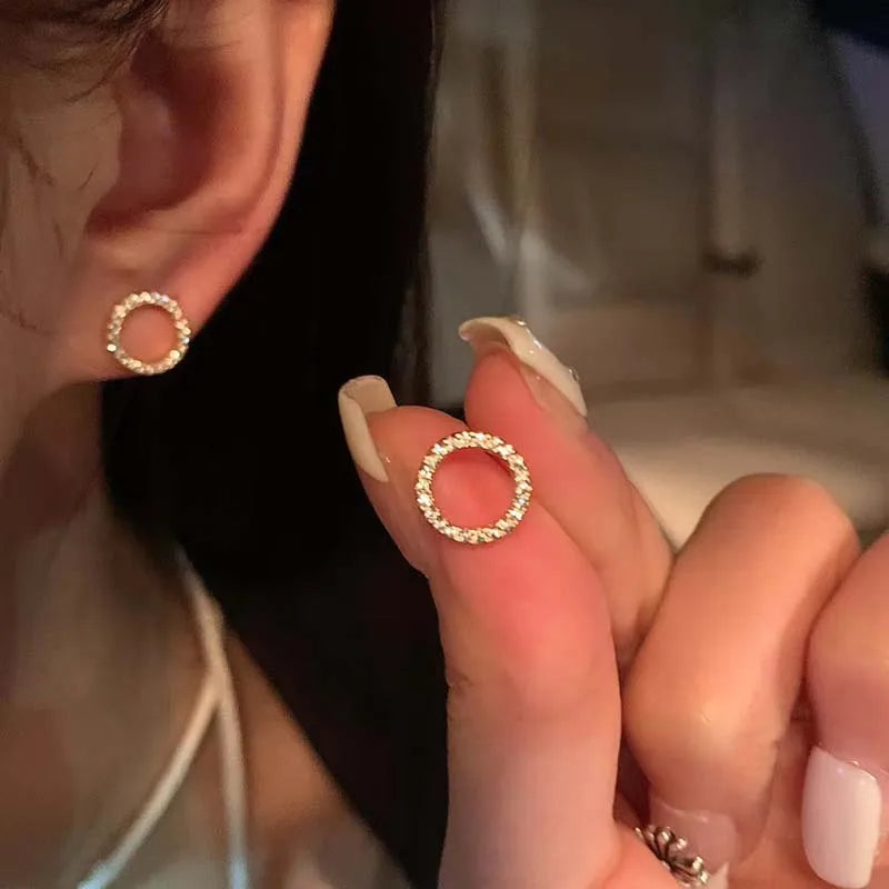 Gold Crystal Circle Stud Earrings for Women Minimalist Korean Party Jewelry