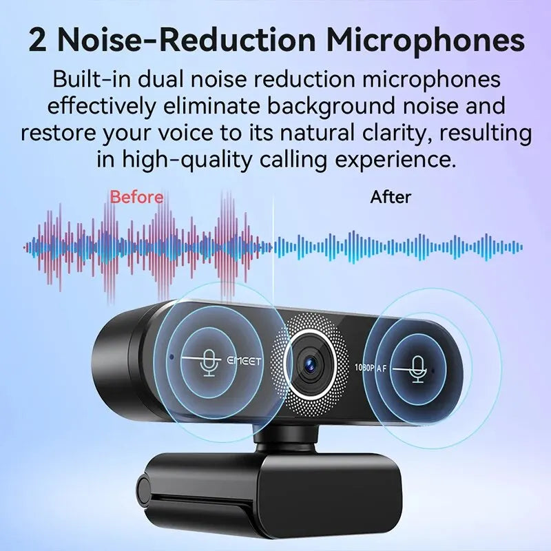 1080P Full HD Webcam with Autofocus & Dual Noise-Canceling Mics, Privacy Cover — USB Plug-and-Play, 73° FOV