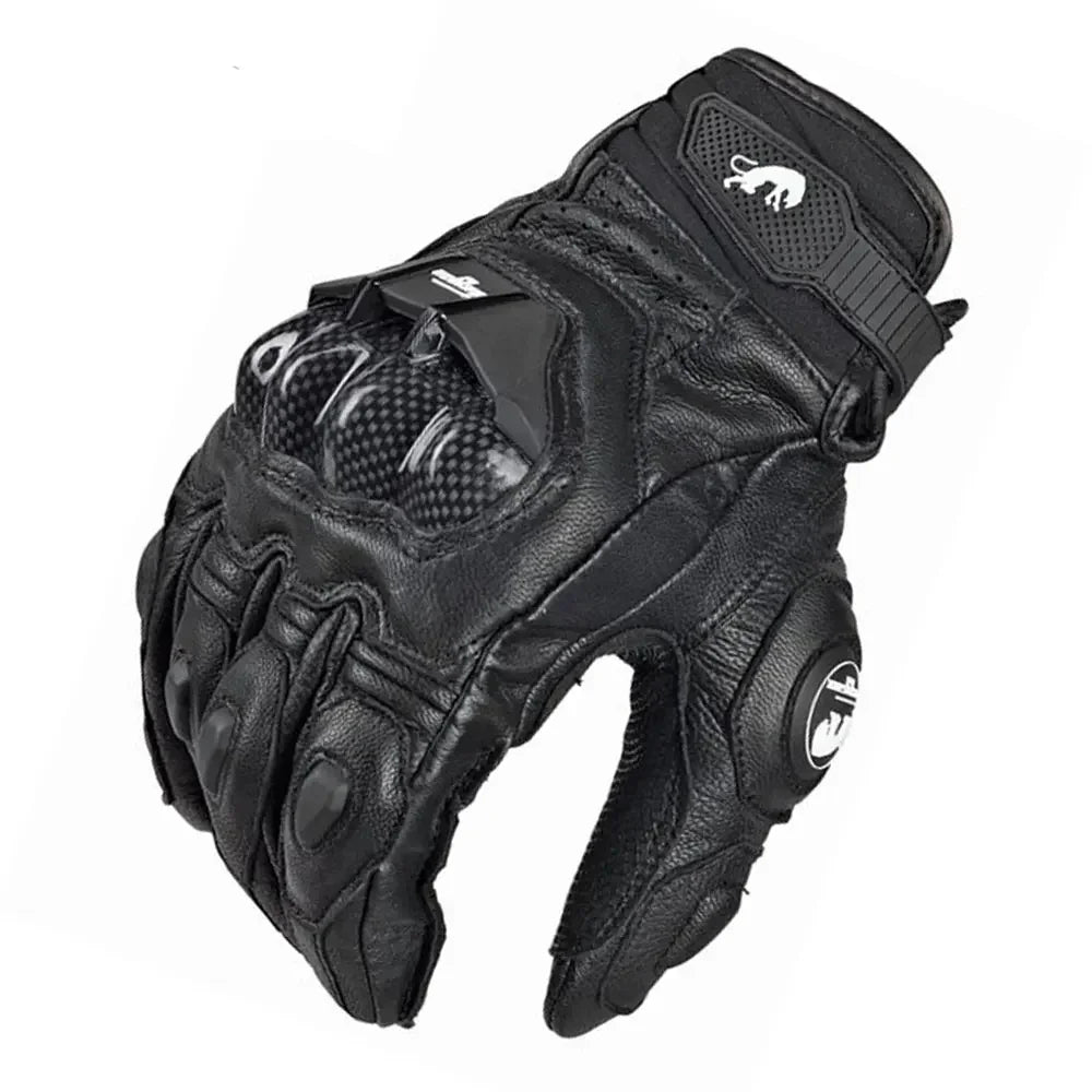 Unisex Leather Motorcycle Riding Gloves - Racing Motorbike Gloves with Protective Padding, Adjustable Strap - Black/White/Red