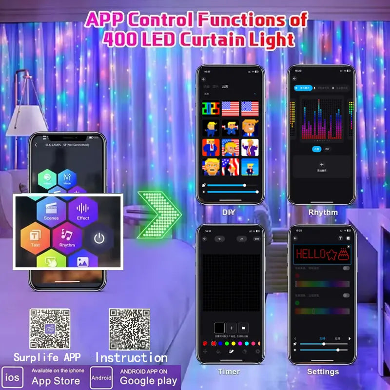 LED Smart Curtain Lights 400-LED RGB Fairy Curtain – App & Music Sync, Remote, IP65 Waterproof (3m×3m / 9.8×9.8ft • 2m×2m / 6.6×6.6ft • 1m×1m / 3.3×3.3ft)