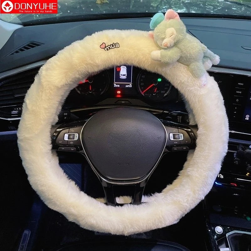 Cute Cartoon Fur Steering Wheel Cover Winter Warm Car Handle Cover for Women