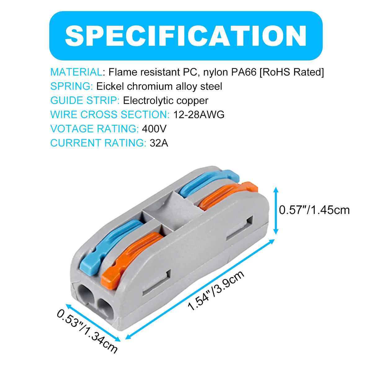 Specifications of wire connector showing dimensions and material details