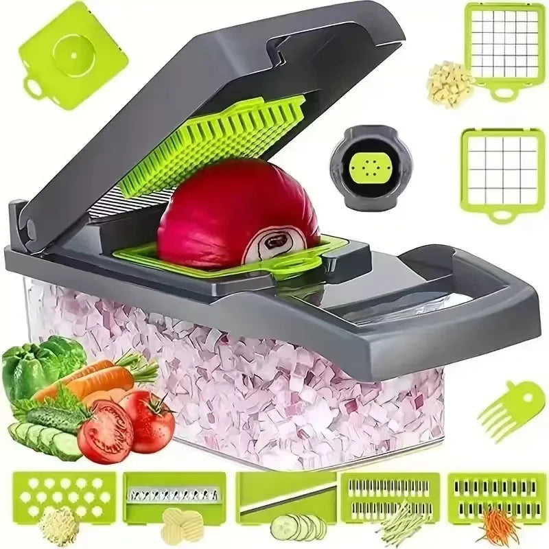 16-Piece Multifunctional Vegetable Slicer & Chopper Set - Food-Grade Stainless Steel Grater with Collector Basket