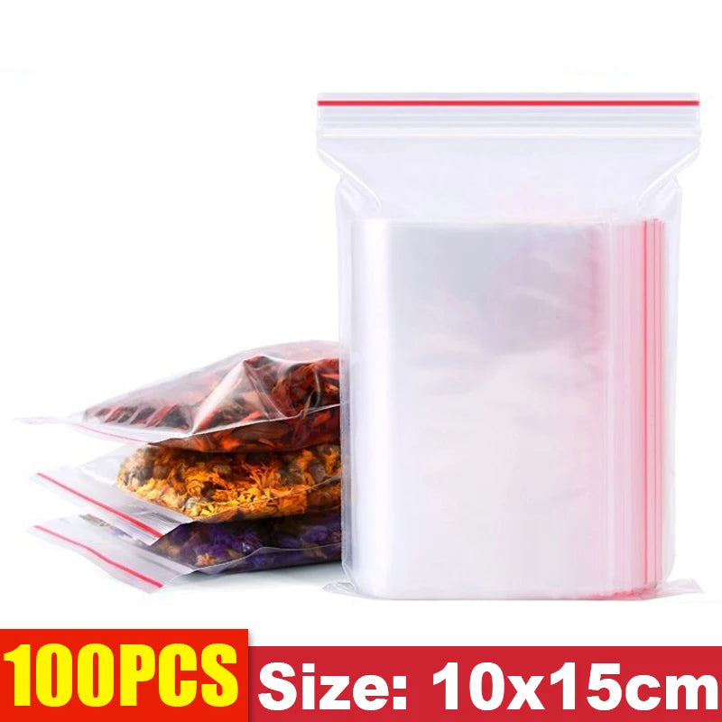 Clear Thick Resealable PE Bags – Reclosable Zip Storage Pouches for Jewelry, Food & Crafts (Sizes 4×6–12×18 cm / 1.6×2.4–4.7×7.1 in, 100–500 Pack)