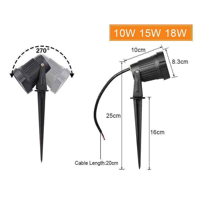 LED COB Spike Garden Path Light - 5W–20W Waterproof Outdoor Lawn Spotlight, AC85–265V / DC12–24V