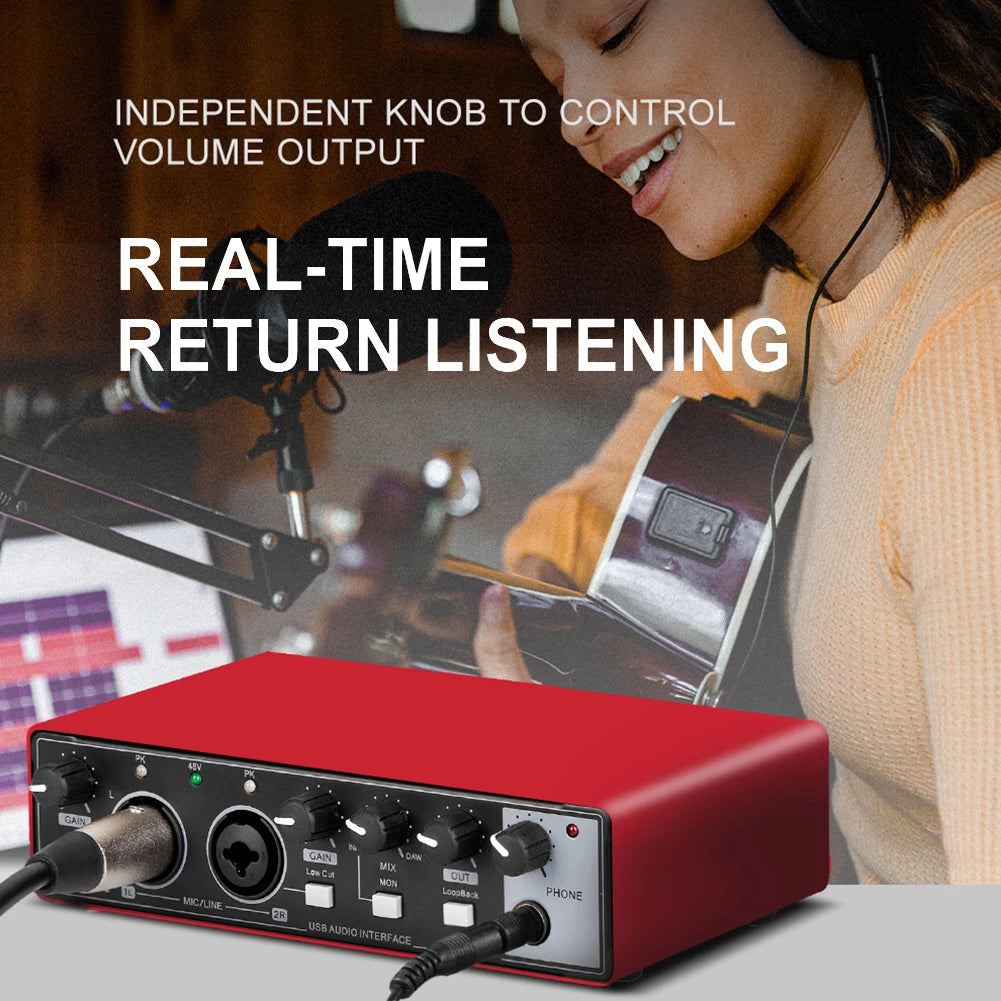 USB Audio Interface 48V Phantom Power 24-bit/192kHz — 2-in/2-out Portable Sound Card with Loopback & Zero-Latency Monitoring for Guitar and Vocal Recording