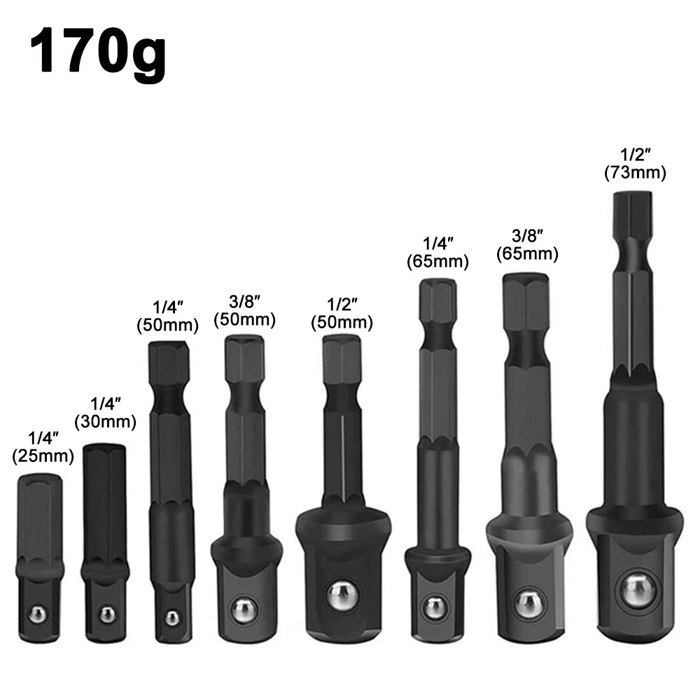 8-Piece Black Drive Adapter & Extension Rod Set for Screwdrivers — 1/4, 3/8, 1/2 in (6.35, 9.53, 12.7 mm), Assorted 25–73 mm